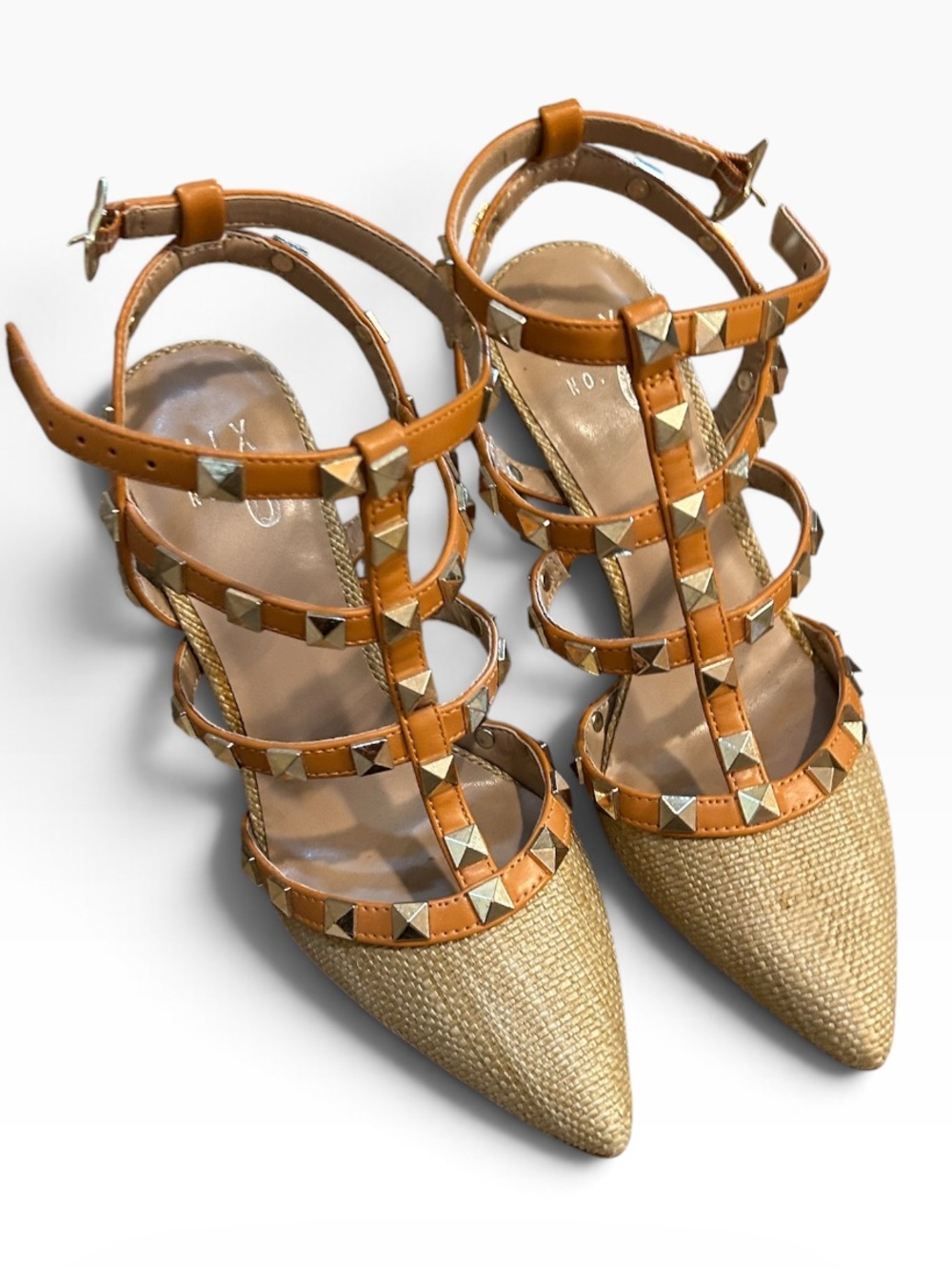 Tan Studded T-Strap Pointed Toe Sandal